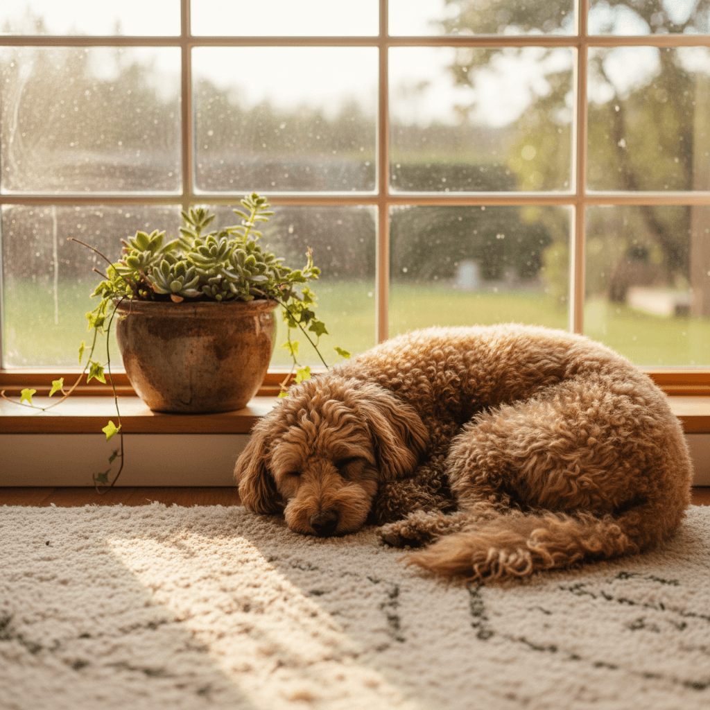 Apricot Teacup Poodle puppy with fluffy coat sitting in a bright home environment